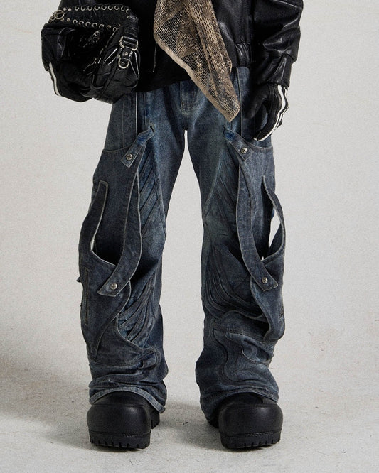 Deconstructed Multi-Strap Wide-Leg Jeans
