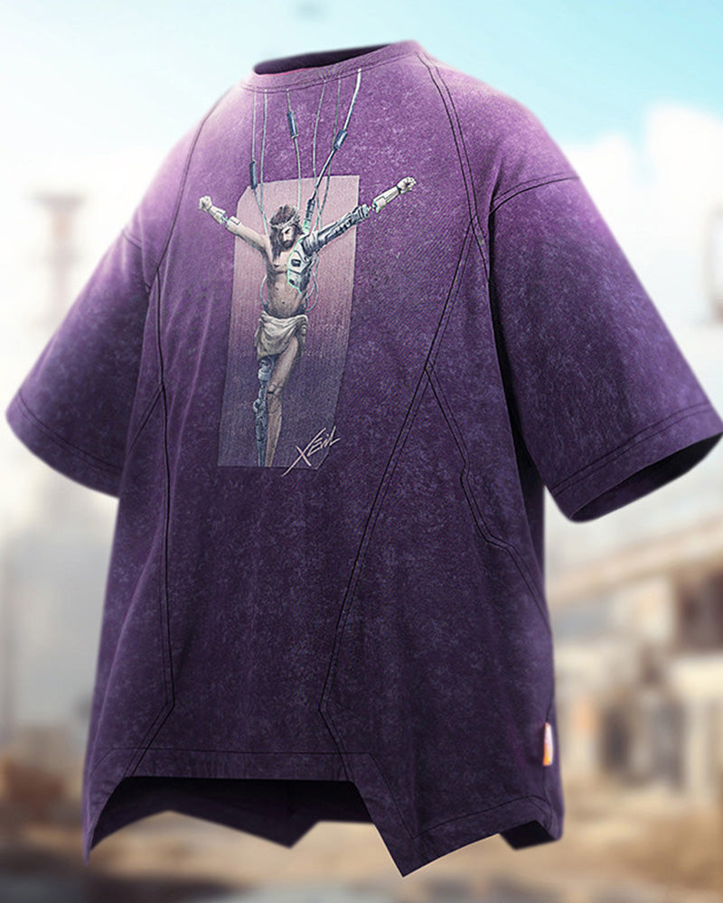 Cyberpunk Washed Gradient Discharge Print T-Shirt