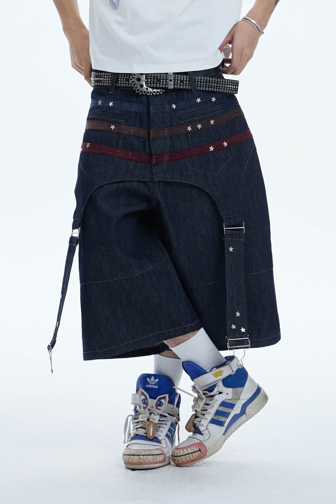 Star-Rivet Harness-Layered Denim Shorts