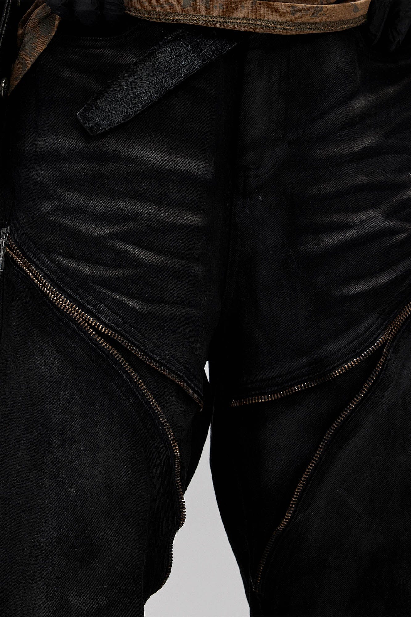 Distressed Waxed Zipper-Paneled Scimitar Pants