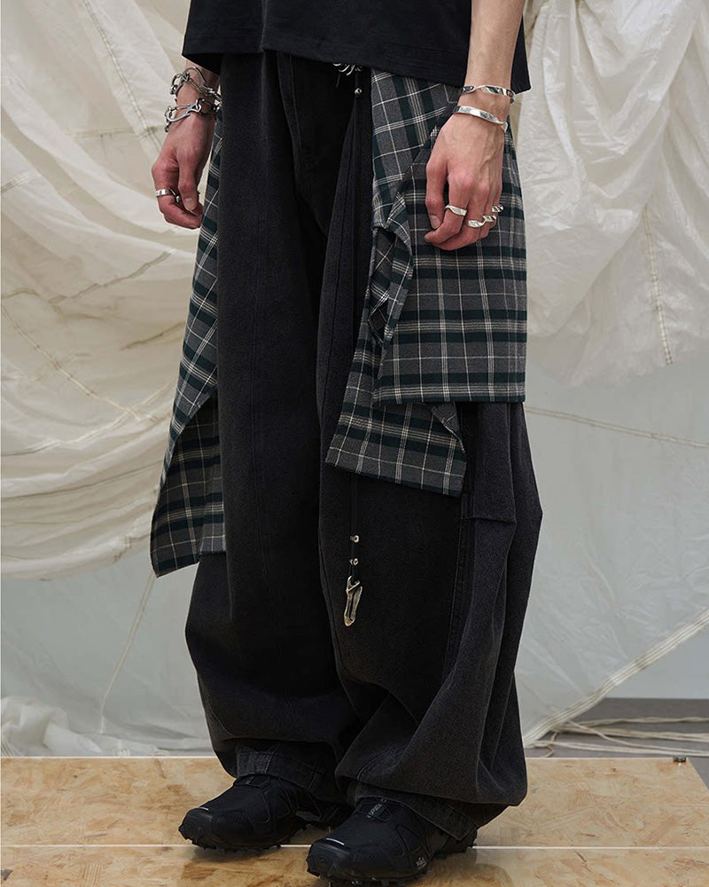 Detachable Plaid Back Flap Spliced Jeans