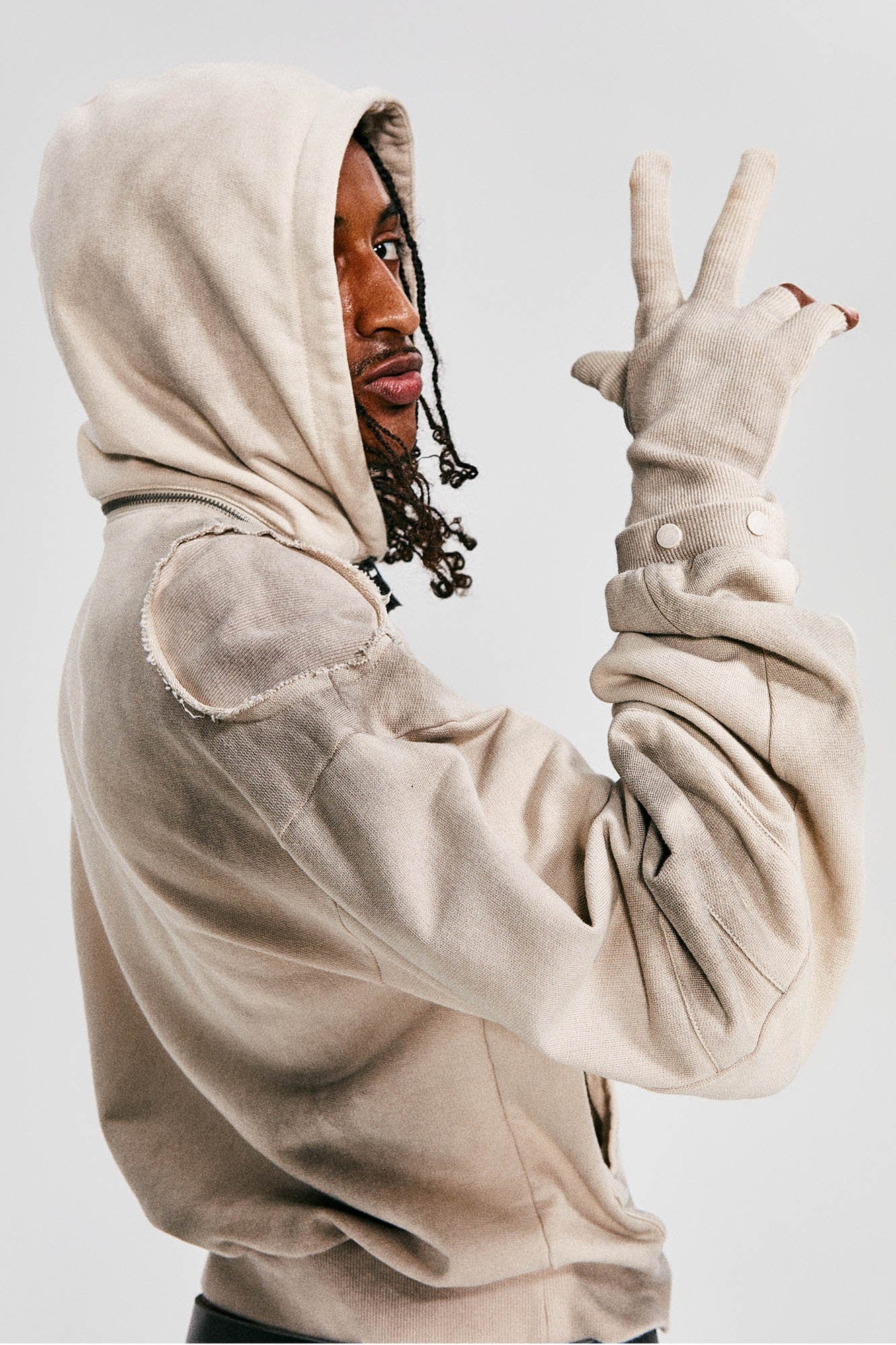Distressed Detachable-Hood Glove-Sleeve Hoodie