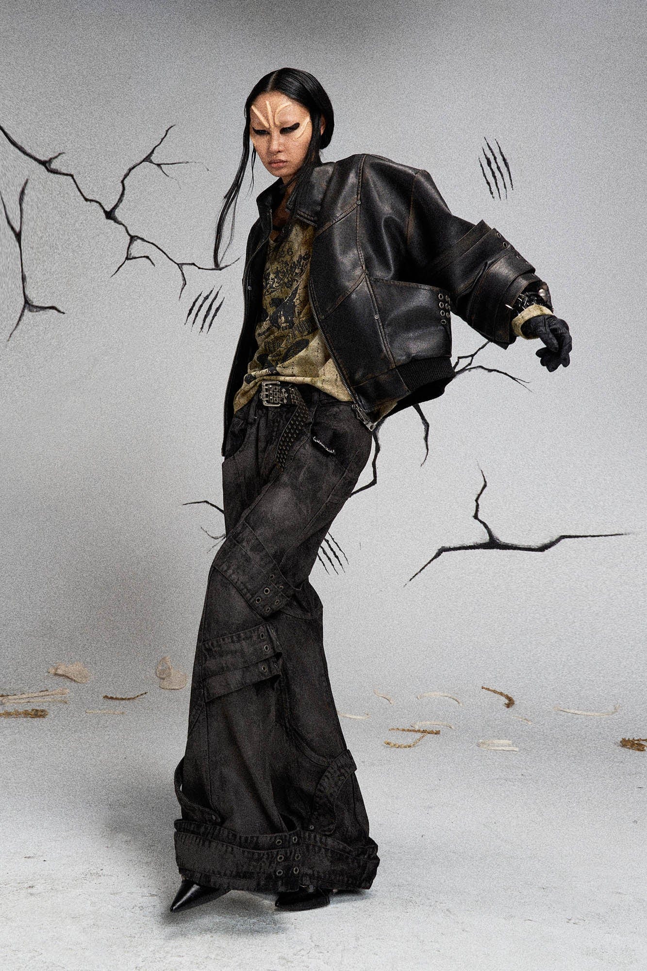 Mutation Layered Armor Spliced Faux Leather Jacket Black