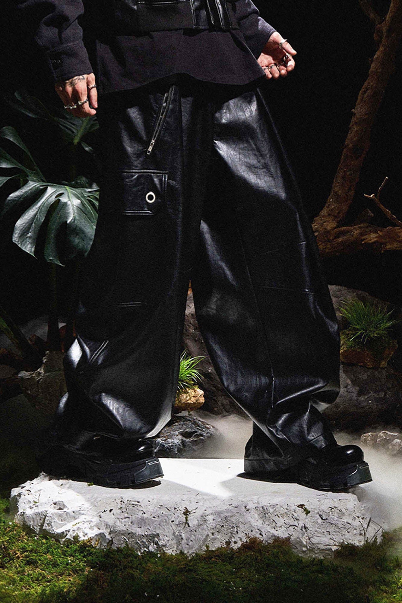 Multi-Pocket Pleated Faux Leather Wide-Leg Pants
