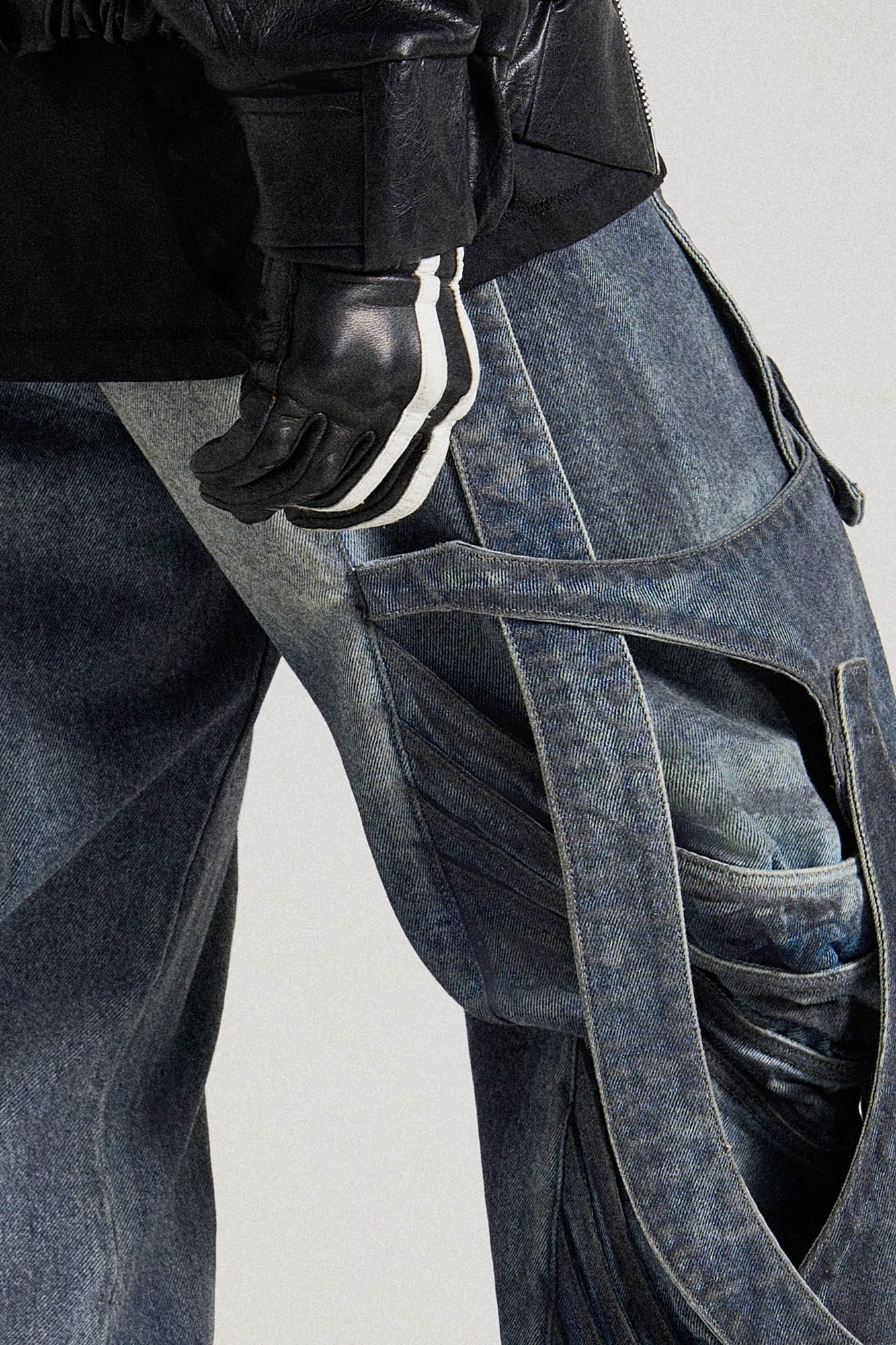 Deconstructed Multi-Strap Wide-Leg Jeans