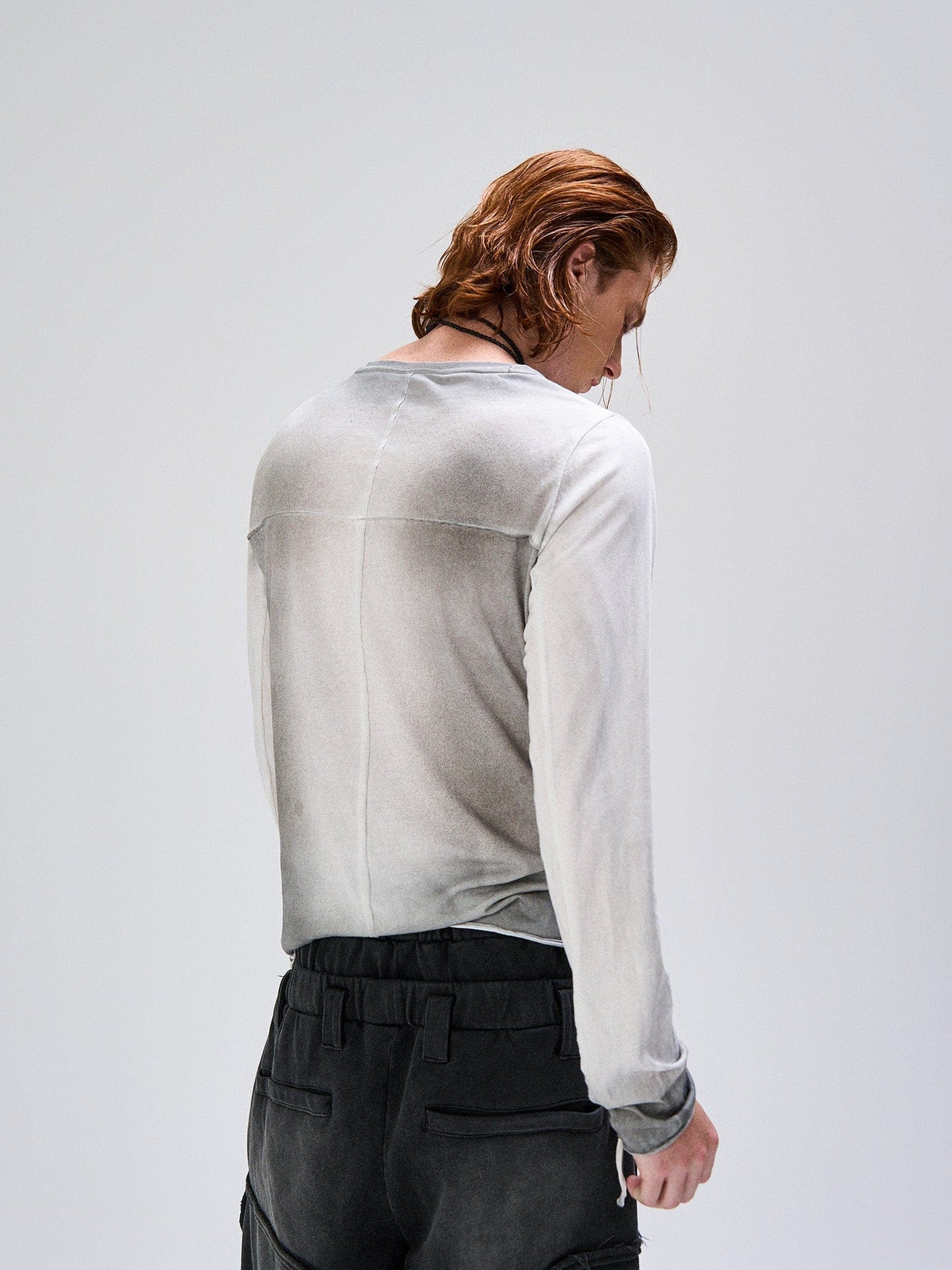 Washed Gradient Cross-Panel Raw-Edge Long-Sleeve Tee