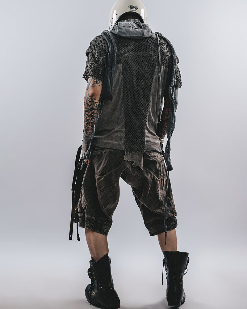 Post-Apocalyptic Distressed Mesh-Panel Shorts