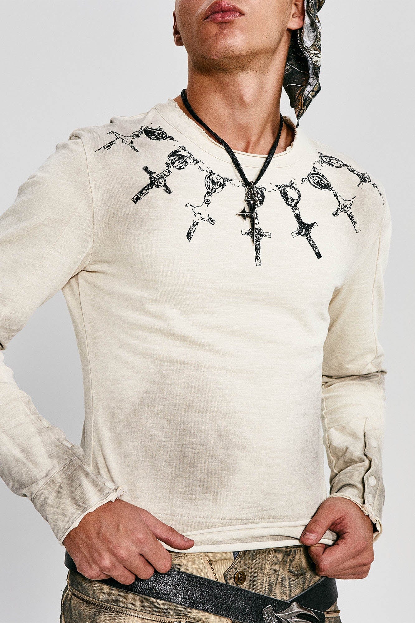 Distressed Cross Chain Graphic Long-Sleeve Tee