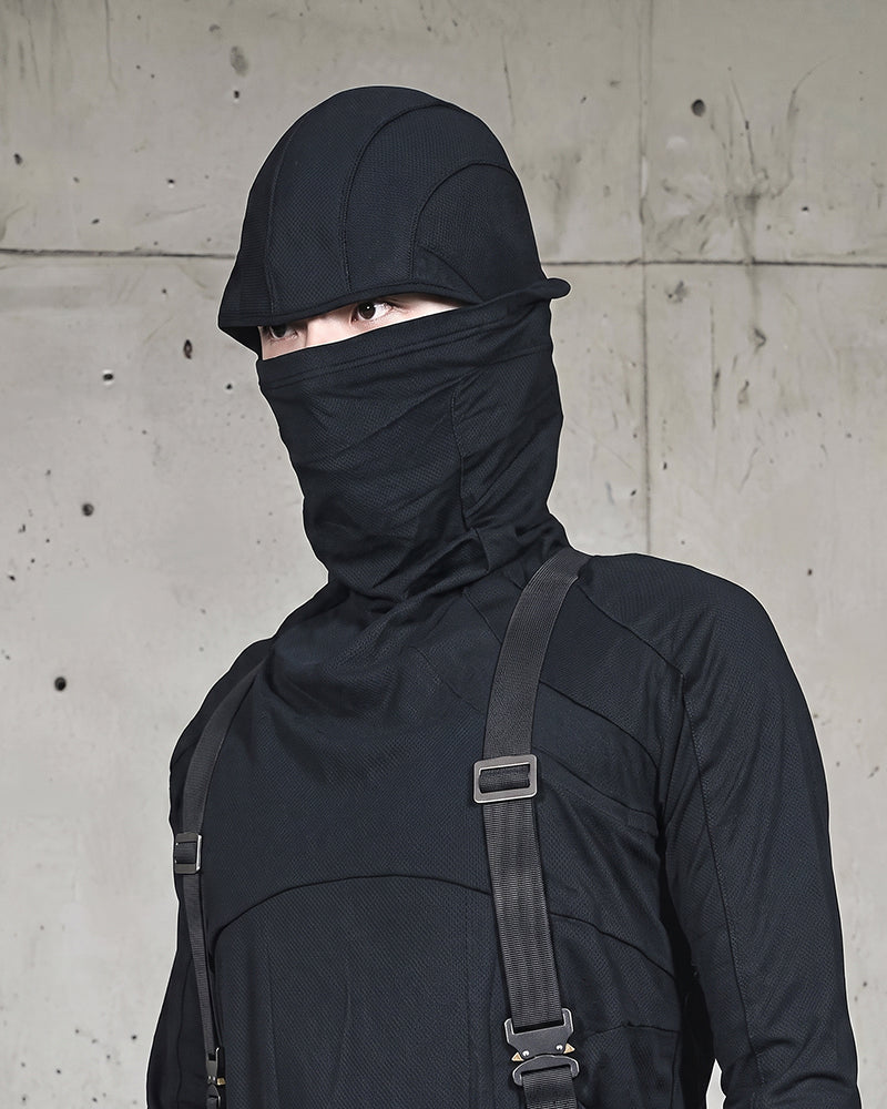 Wasteland Mesh‑Patchwork Ninja‑Hood Long‑Sleeve T-Shirt