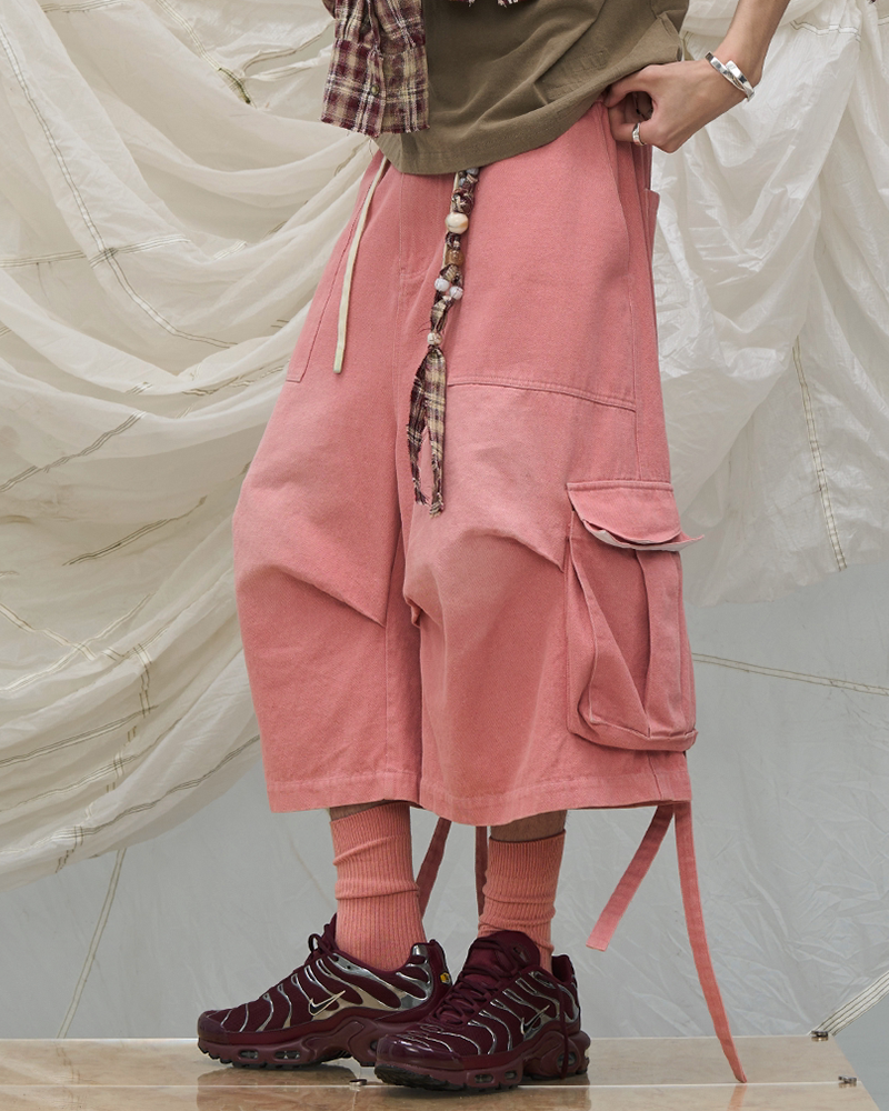 Washed Strap Drawstring Cargo Shorts
