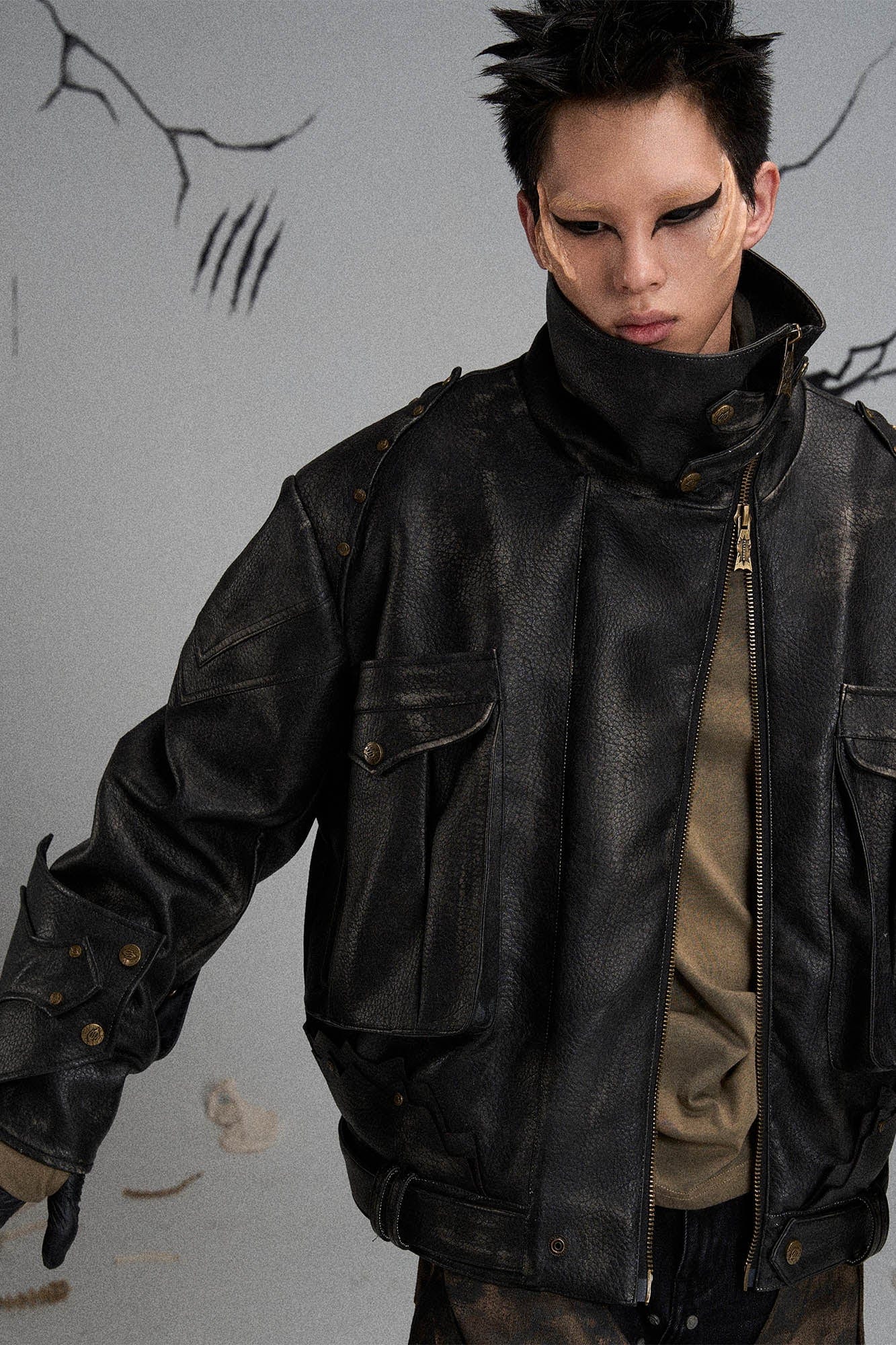 Mutation Knight Armor Distressed High-Collar Faux Leather Jacket