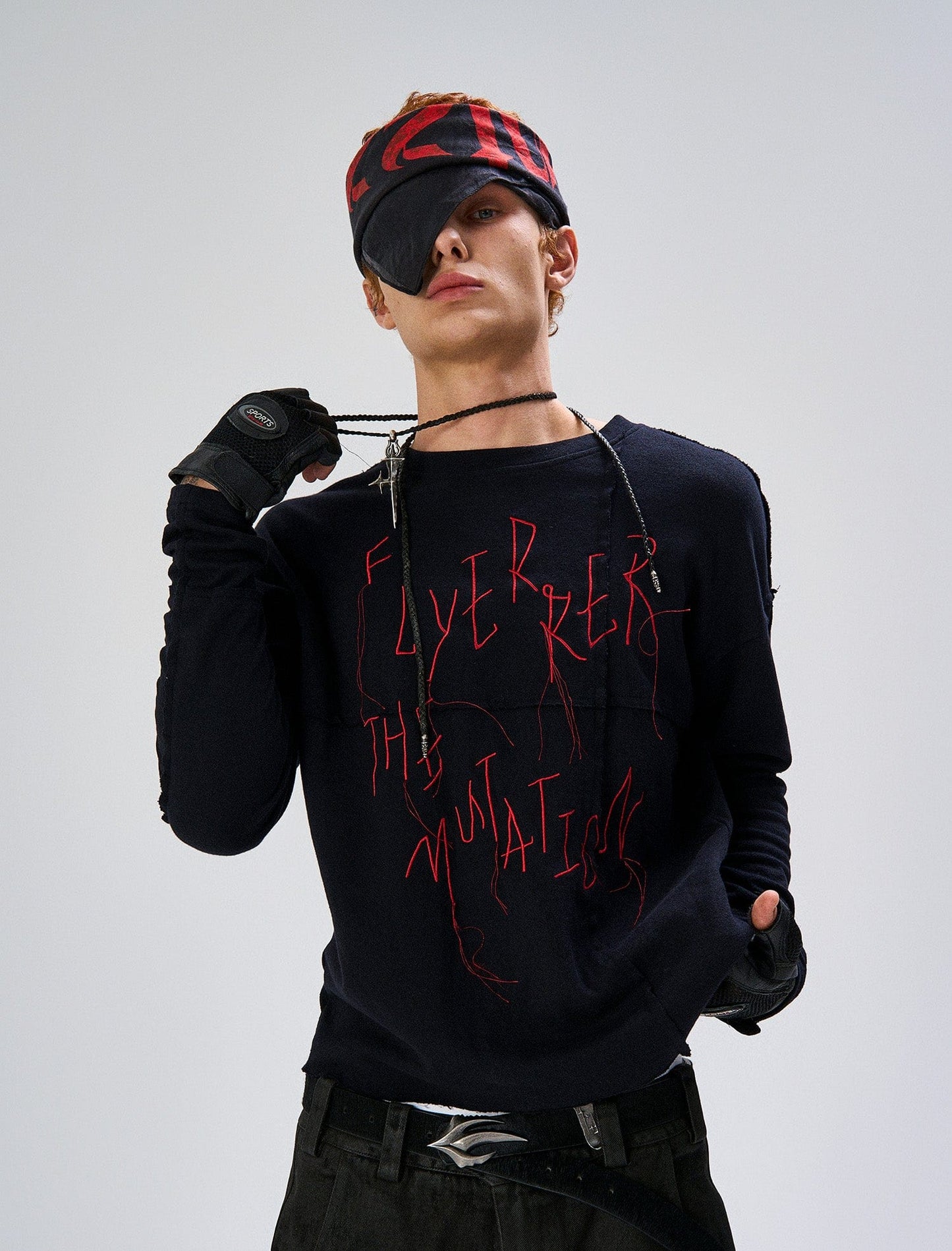 Cross-Panel Contrast Frayed Embroidered Long-Sleeve Tee