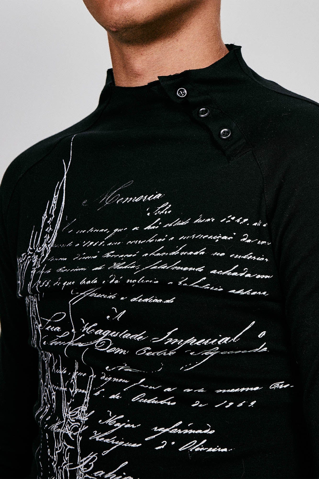 Gothic Script Graphic Asymmetrical Button Long-Sleeve Tee