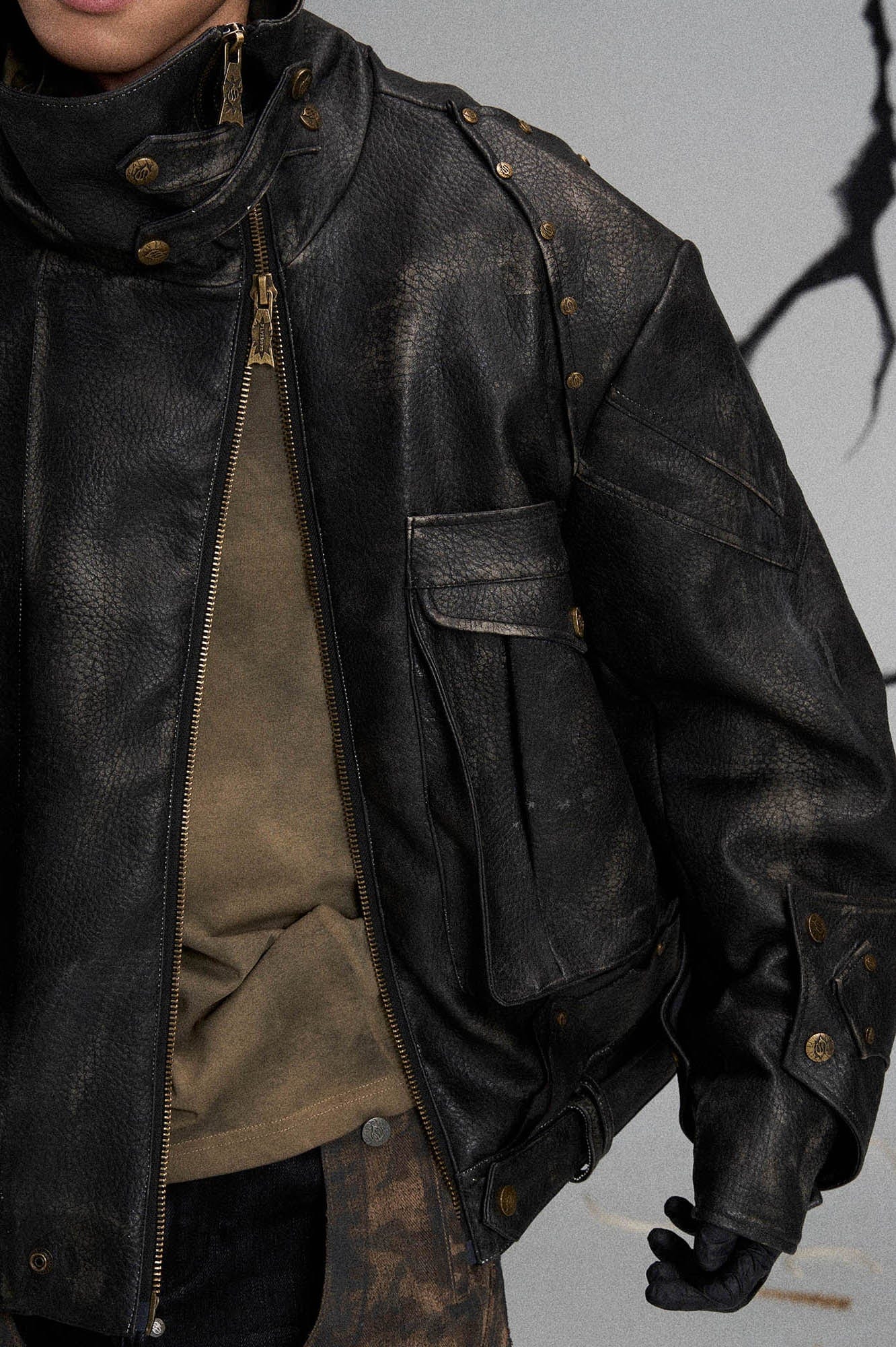 Mutation Knight Armor Distressed High-Collar Faux Leather Jacket