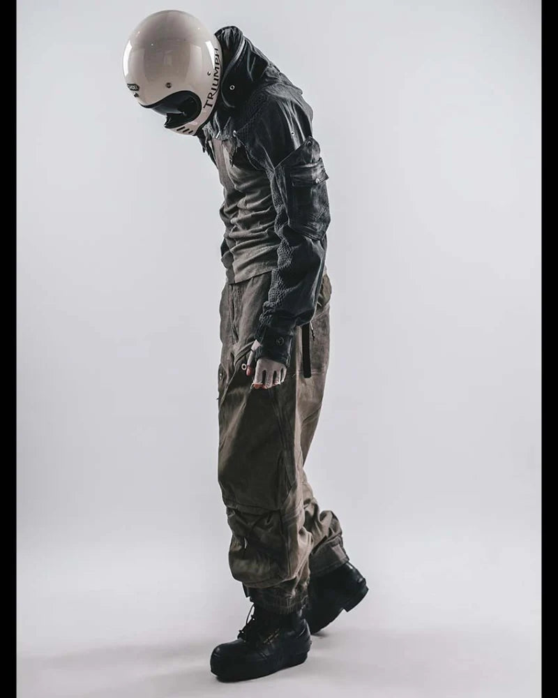 Post-Apocalyptic Hooded Mesh Color-Block Cape Jacket