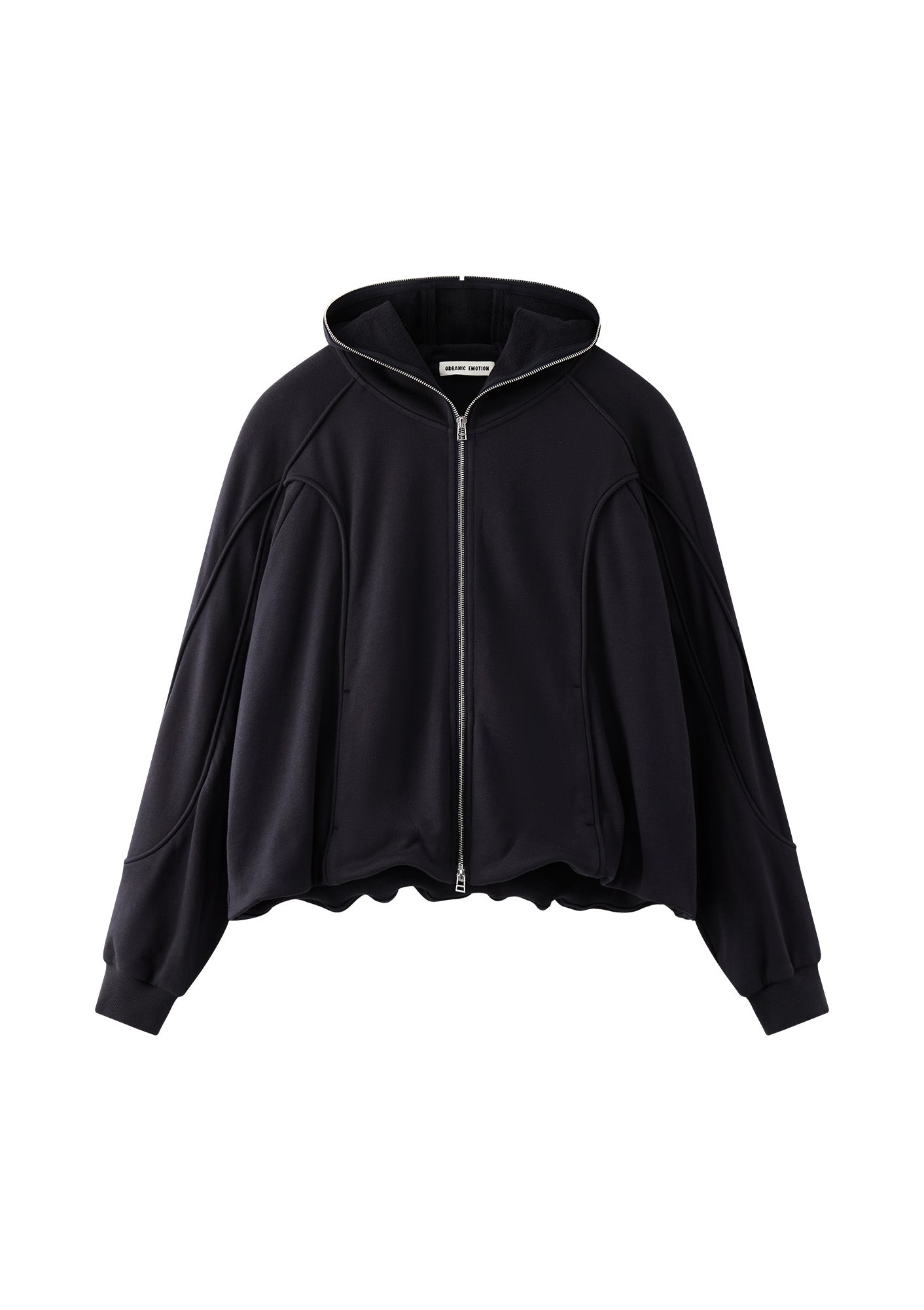 Curved Panel Drawstring-Hem Zip-Up Hoodie
