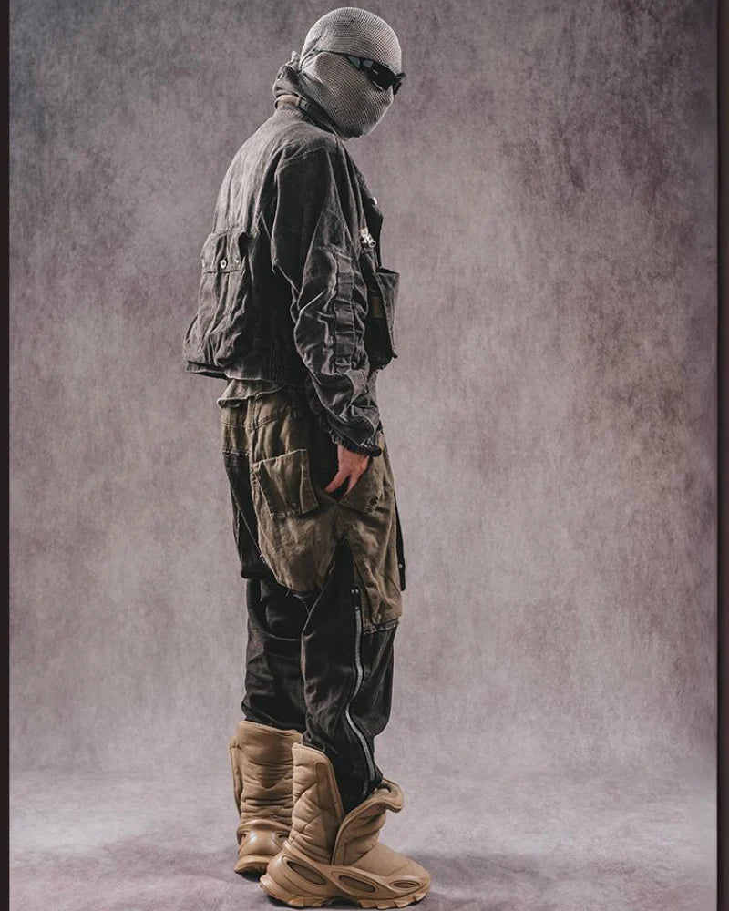 Wasteland Style Color-Blocked Drawstring Zipper Cargo Pants