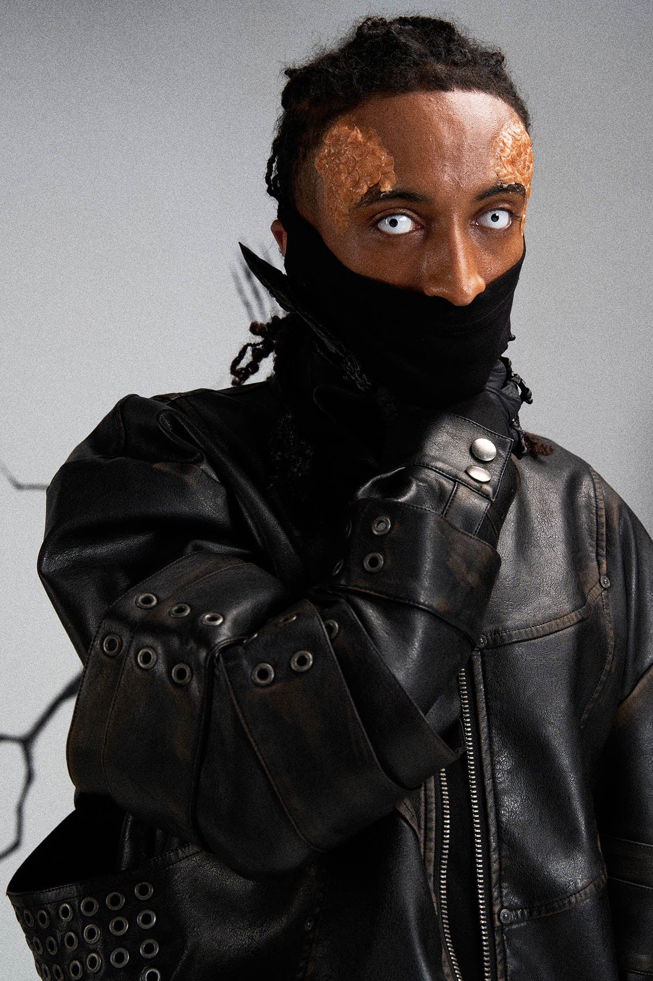 Mutation Layered Armor Spliced Faux Leather Jacket Black