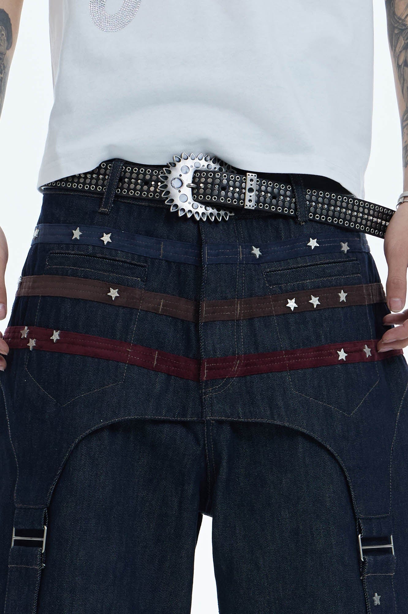 Star-Rivet Harness-Layered Denim Shorts
