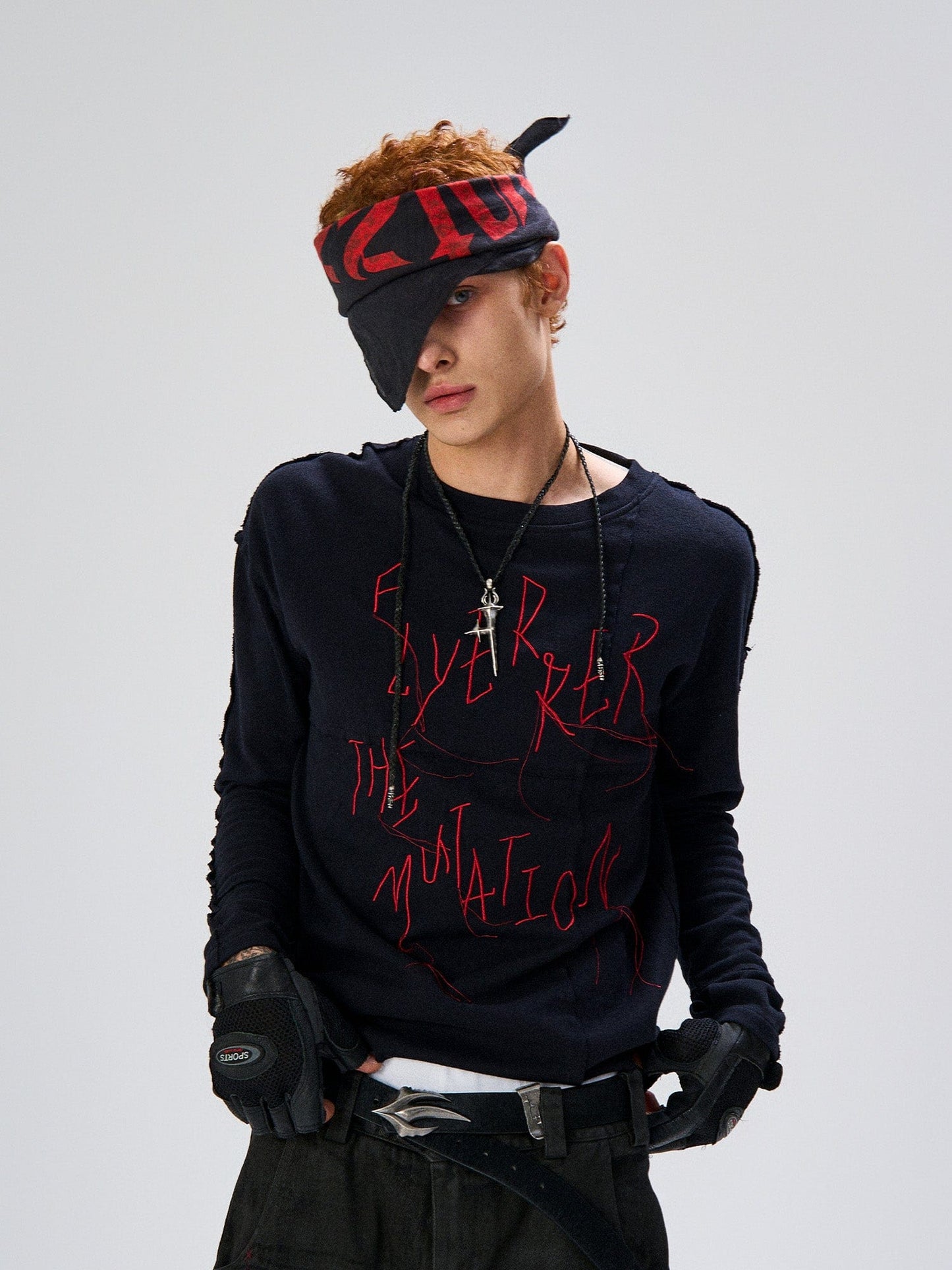 Cross-Panel Contrast Frayed Embroidered Long-Sleeve Tee