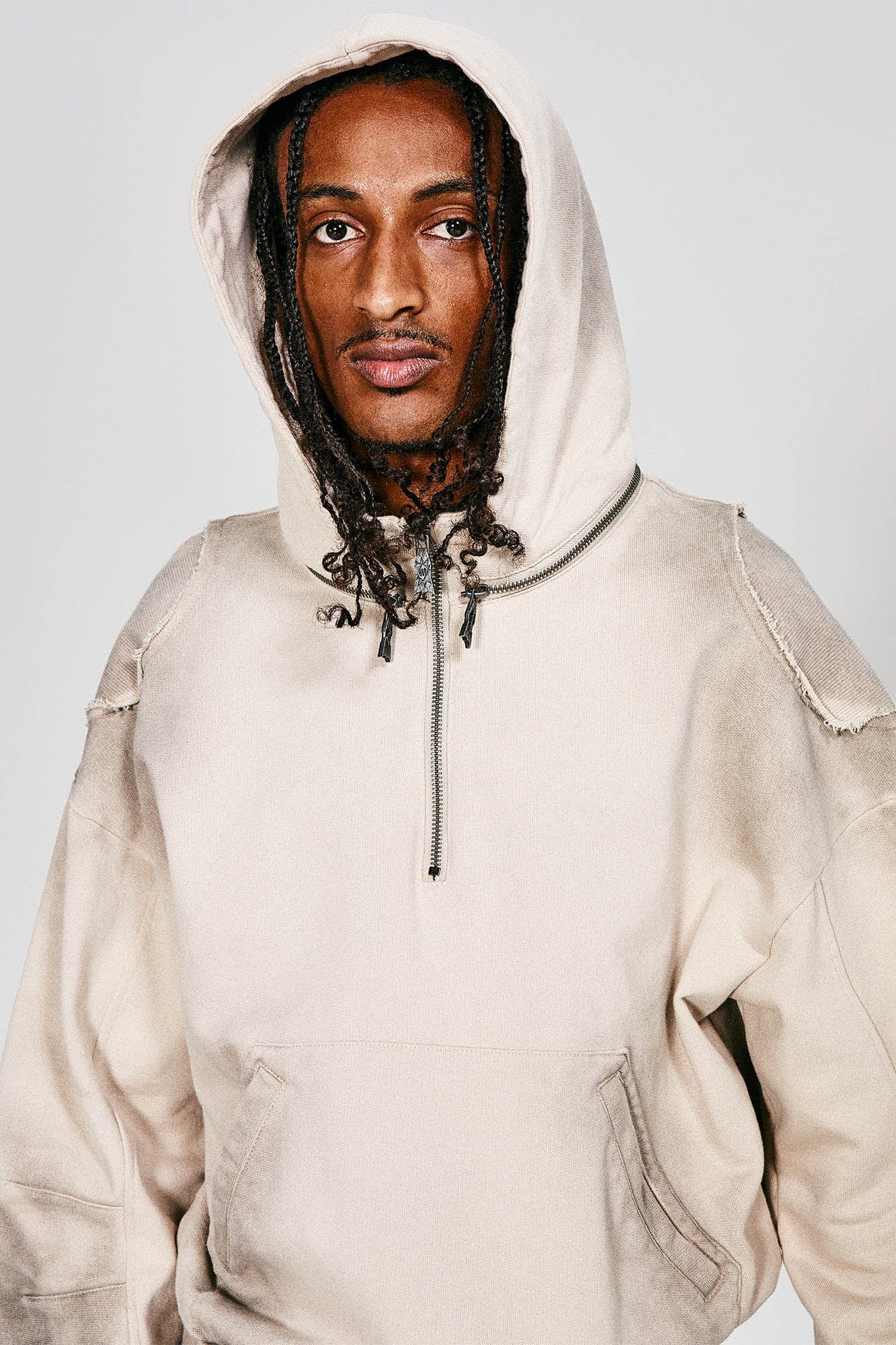 Distressed Detachable-Hood Glove-Sleeve Hoodie
