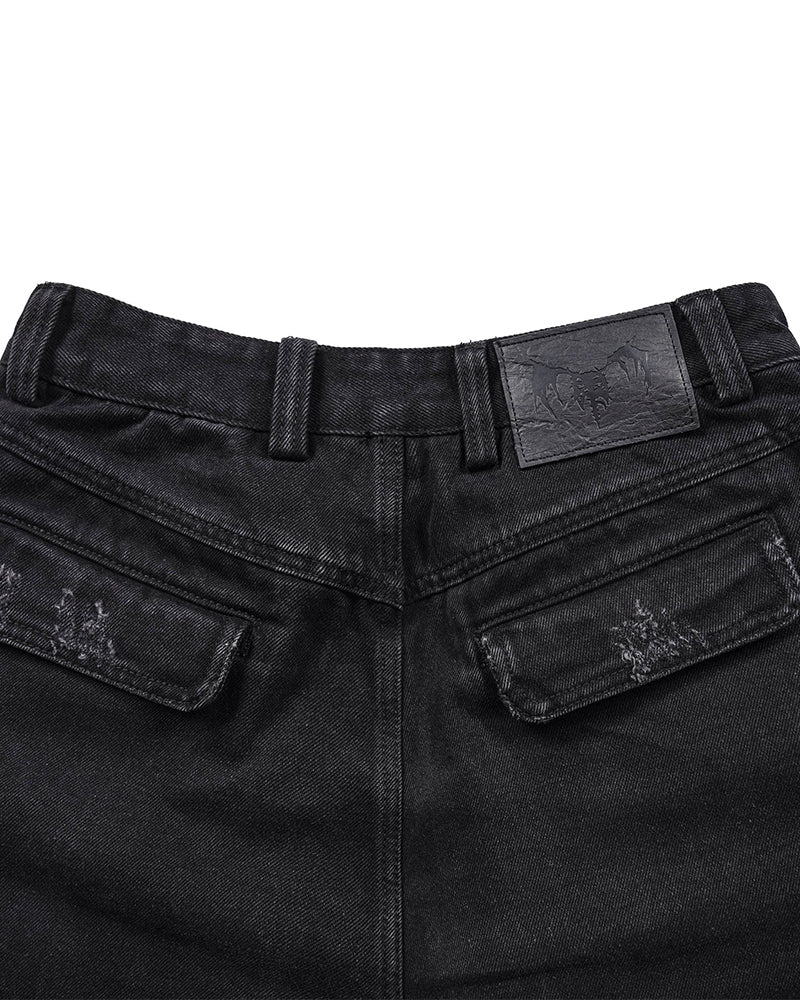 Layered-Pocket Distressed Denim Shorts
