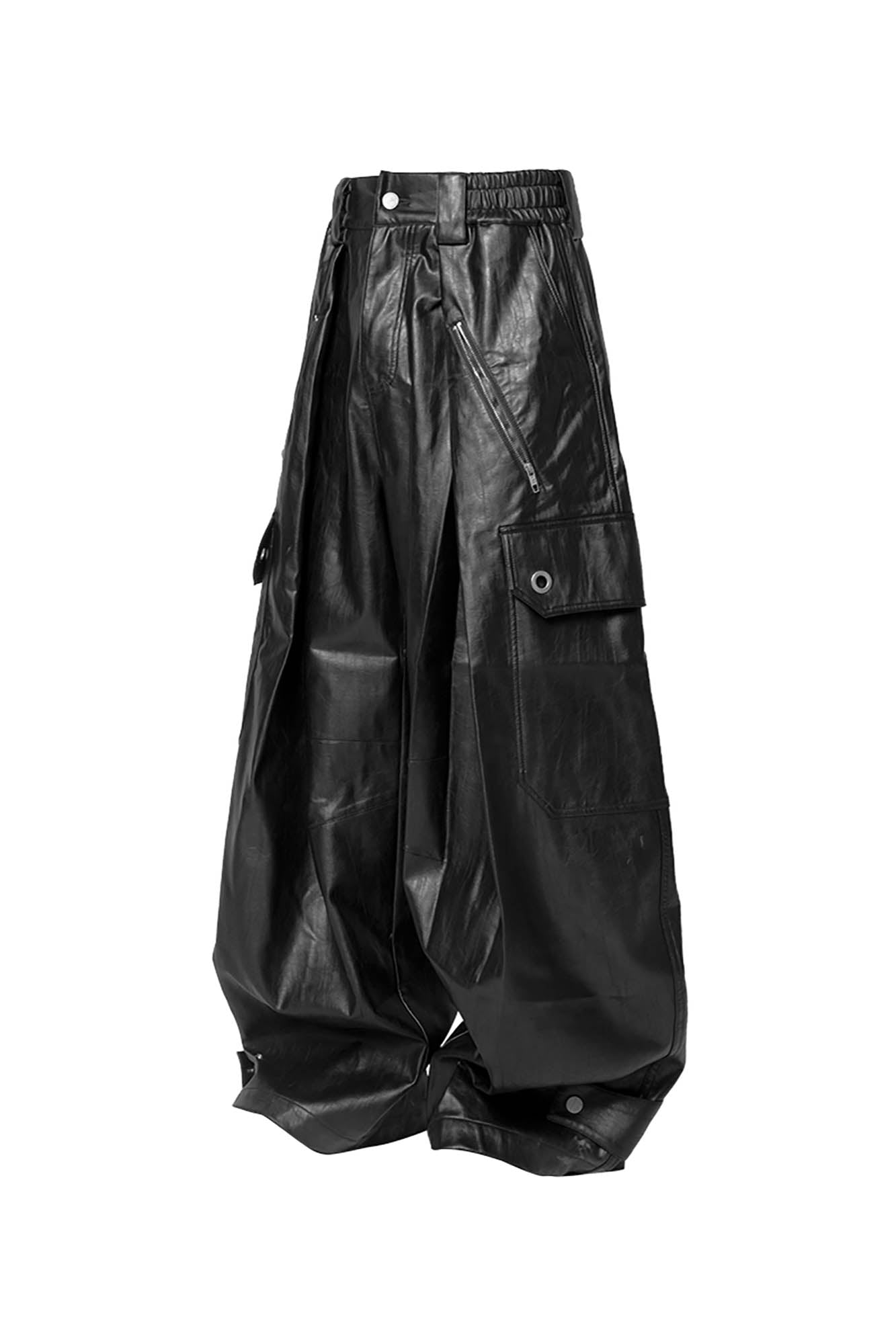 Multi-Pocket Pleated Faux Leather Wide-Leg Pants
