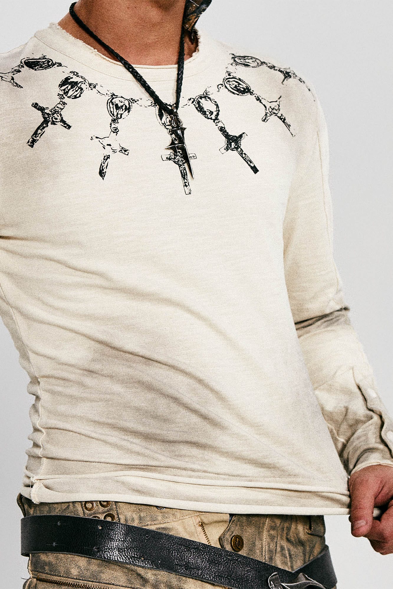 Distressed Cross Chain Graphic Long-Sleeve Tee