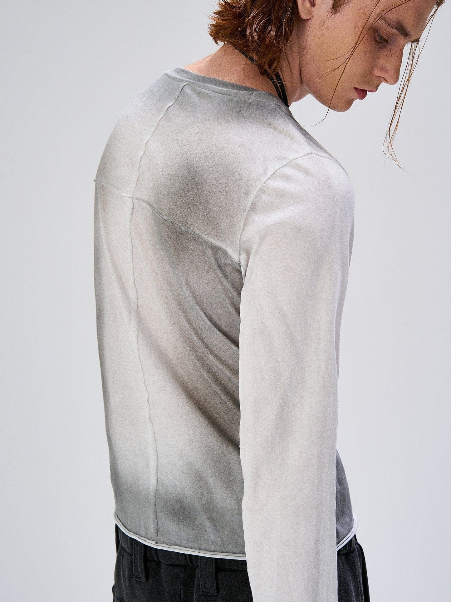 Washed Gradient Cross-Panel Raw-Edge Long-Sleeve Tee