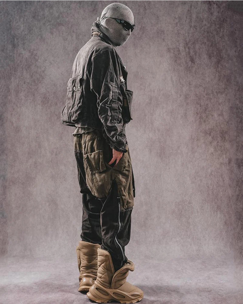Wasteland Style Color-Blocked Drawstring Zipper Cargo Pants