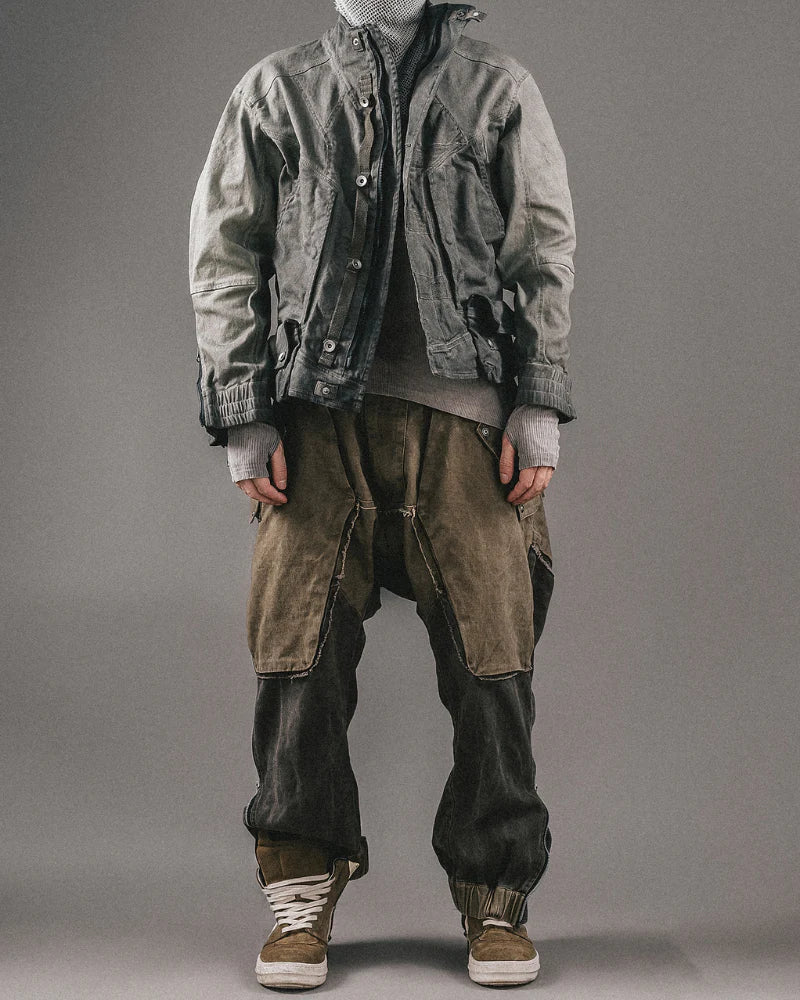 Wasteland Style Color-Blocked Drawstring Zipper Cargo Pants