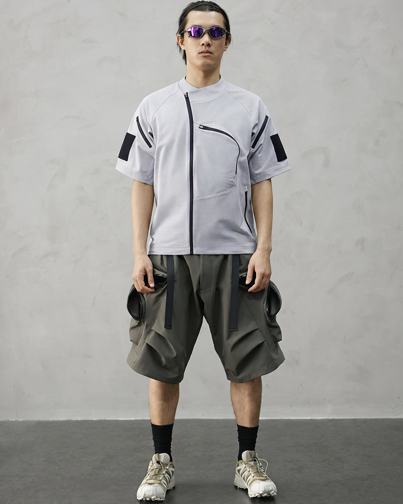 Asymmetric Zipper Seersucker Short Sleeve T-Shirt