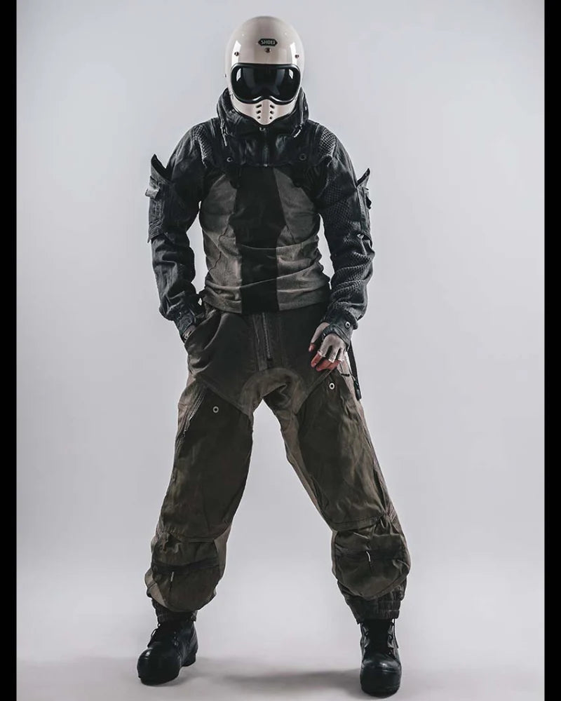 Post-Apocalyptic Hooded Mesh Color-Block Cape Jacket