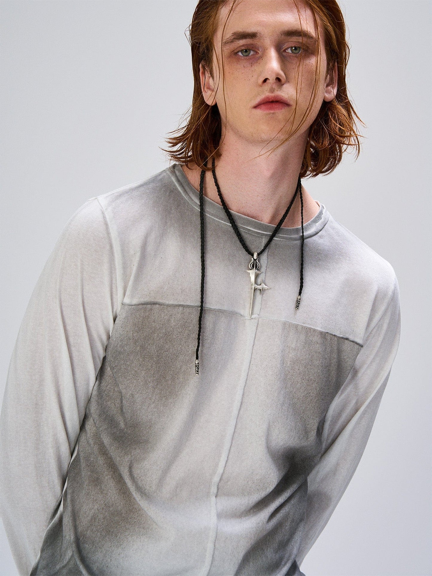 Washed Gradient Cross-Panel Raw-Edge Long-Sleeve Tee