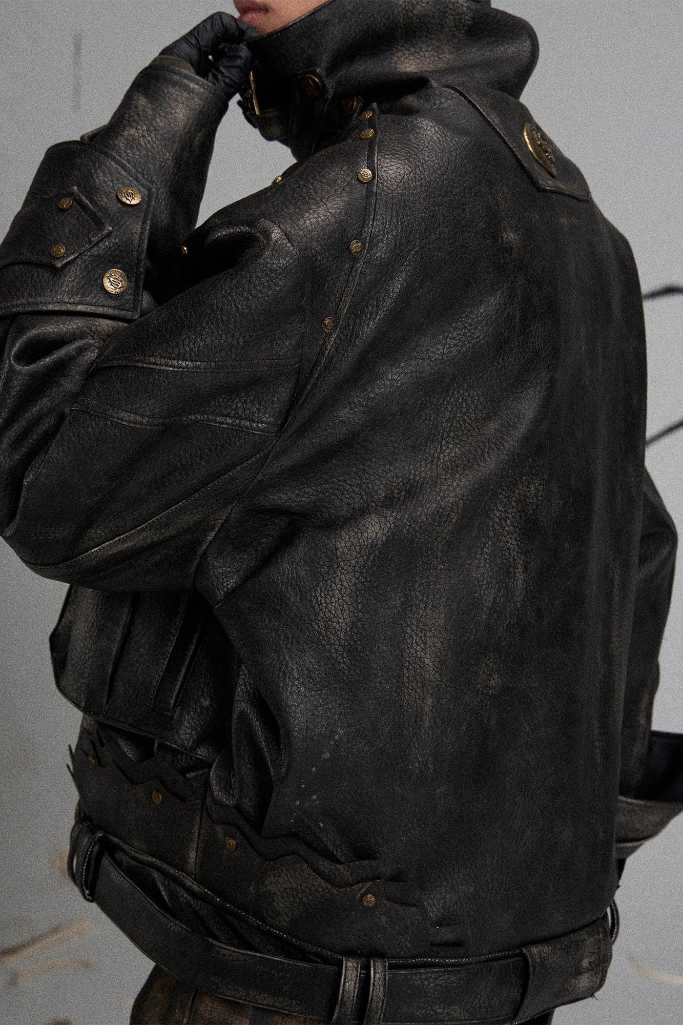 Mutation Knight Armor Distressed High-Collar Faux Leather Jacket