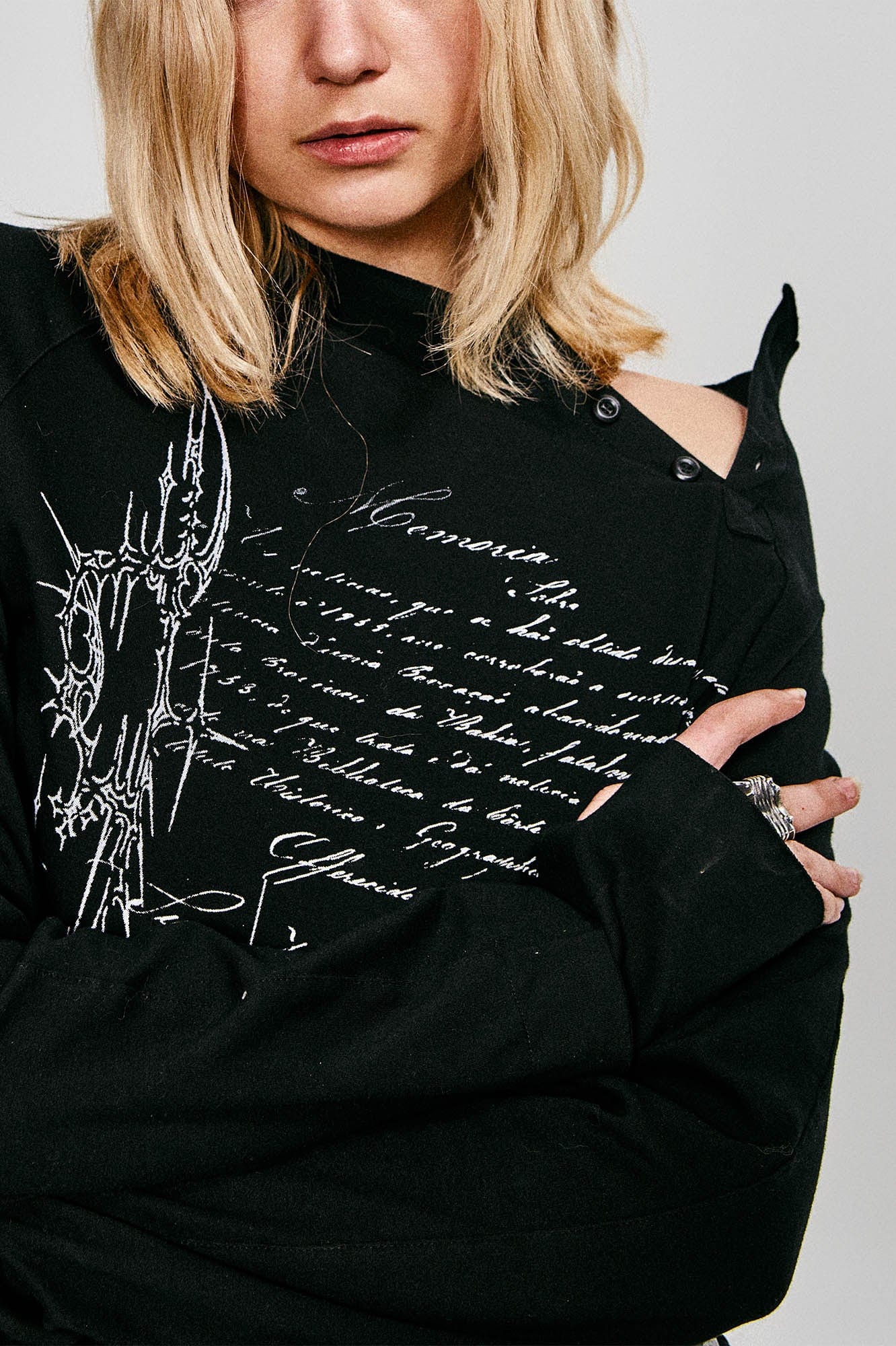 Gothic Script Graphic Asymmetrical Button Long-Sleeve Tee