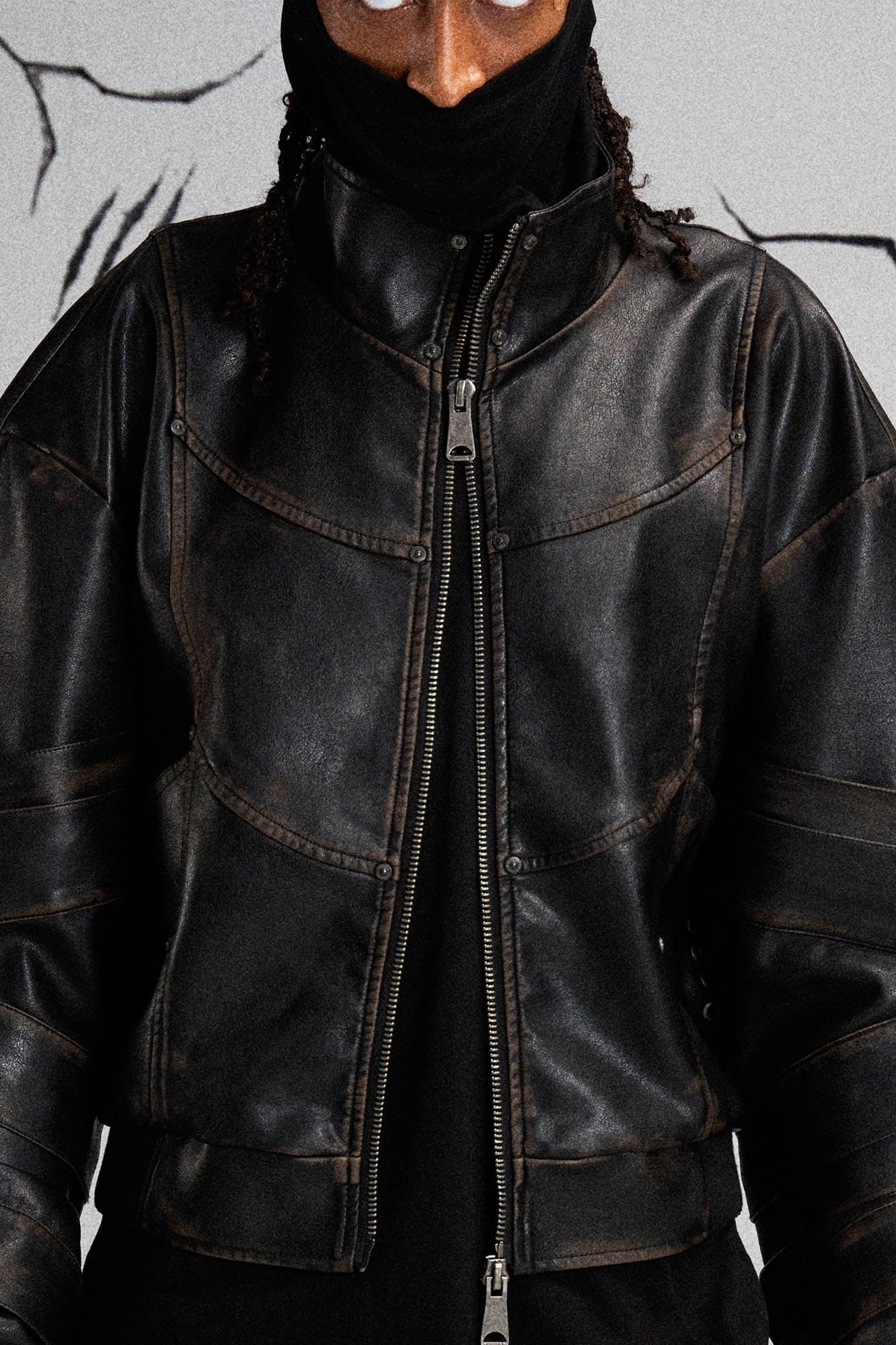 Mutation Layered Armor Spliced Faux Leather Jacket Black