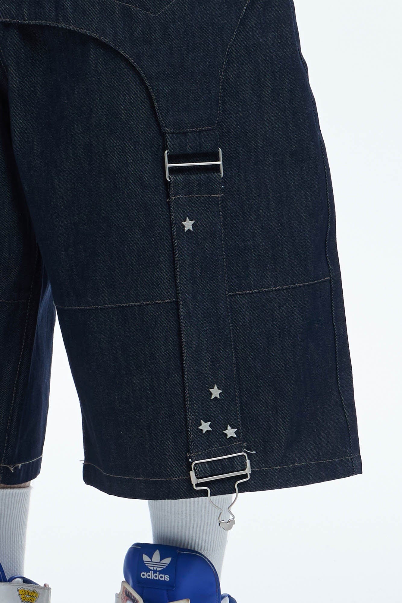 Star-Rivet Harness-Layered Denim Shorts