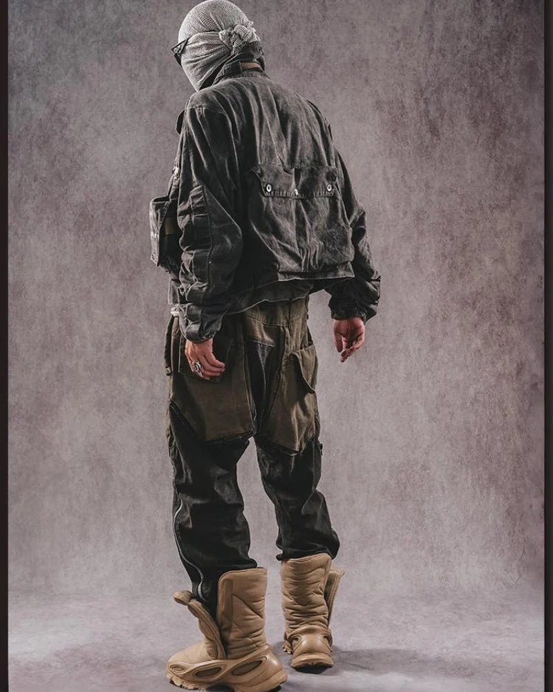 Wasteland Style Color-Blocked Drawstring Zipper Cargo Pants