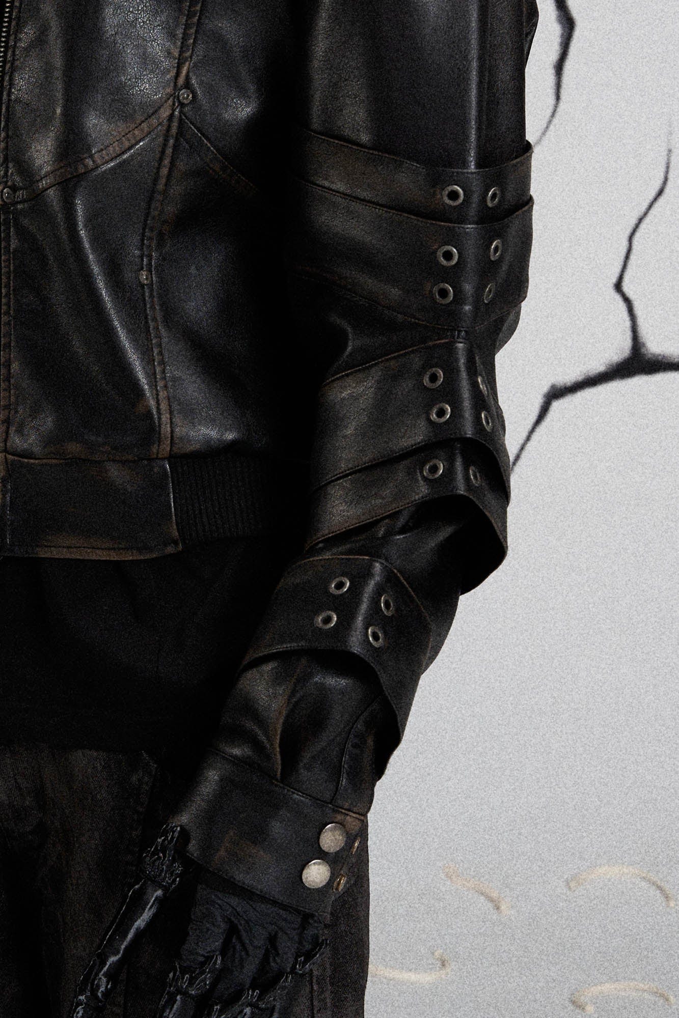 Mutation Layered Armor Spliced Faux Leather Jacket Black