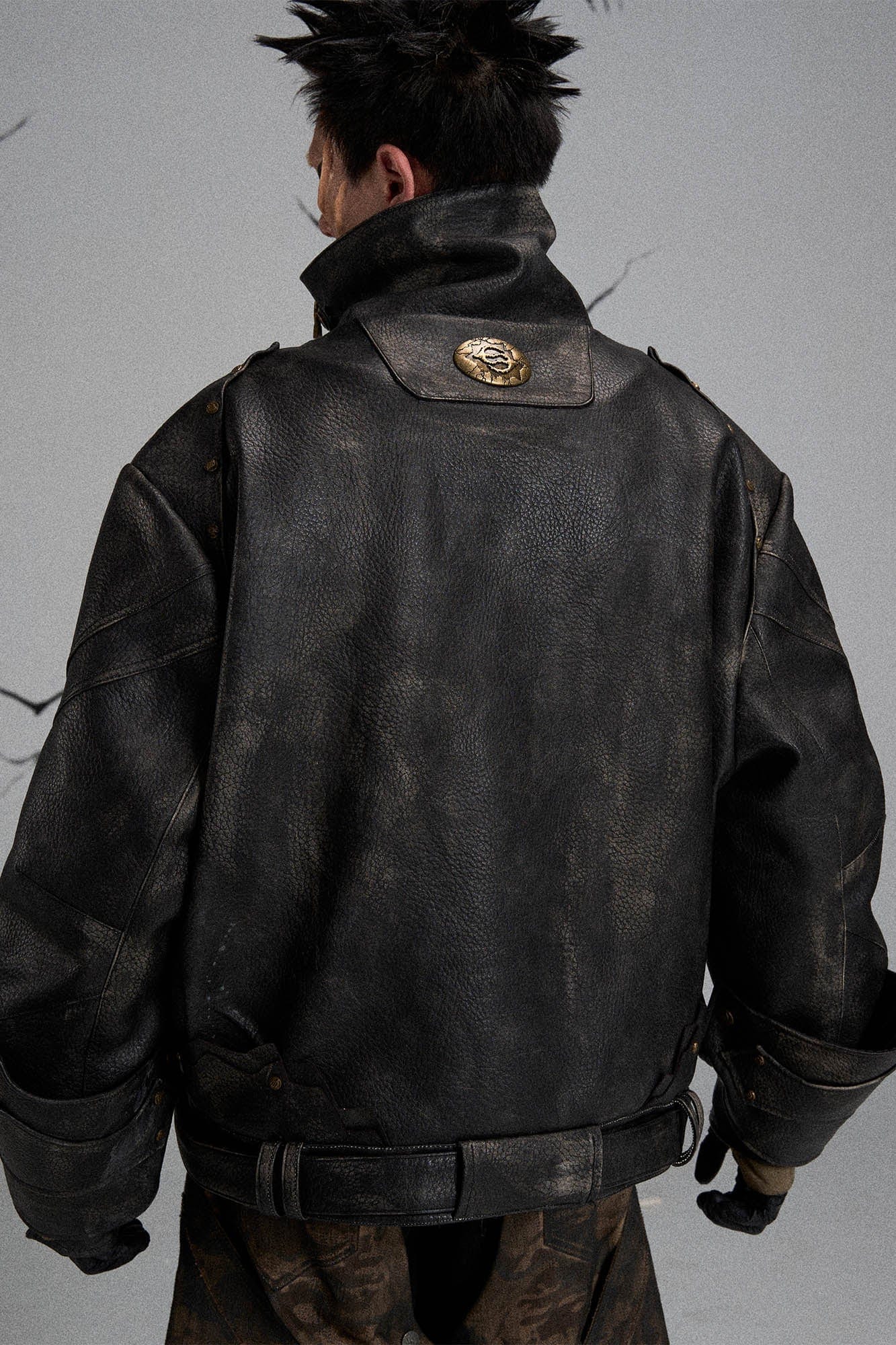Mutation Knight Armor Distressed High-Collar Faux Leather Jacket
