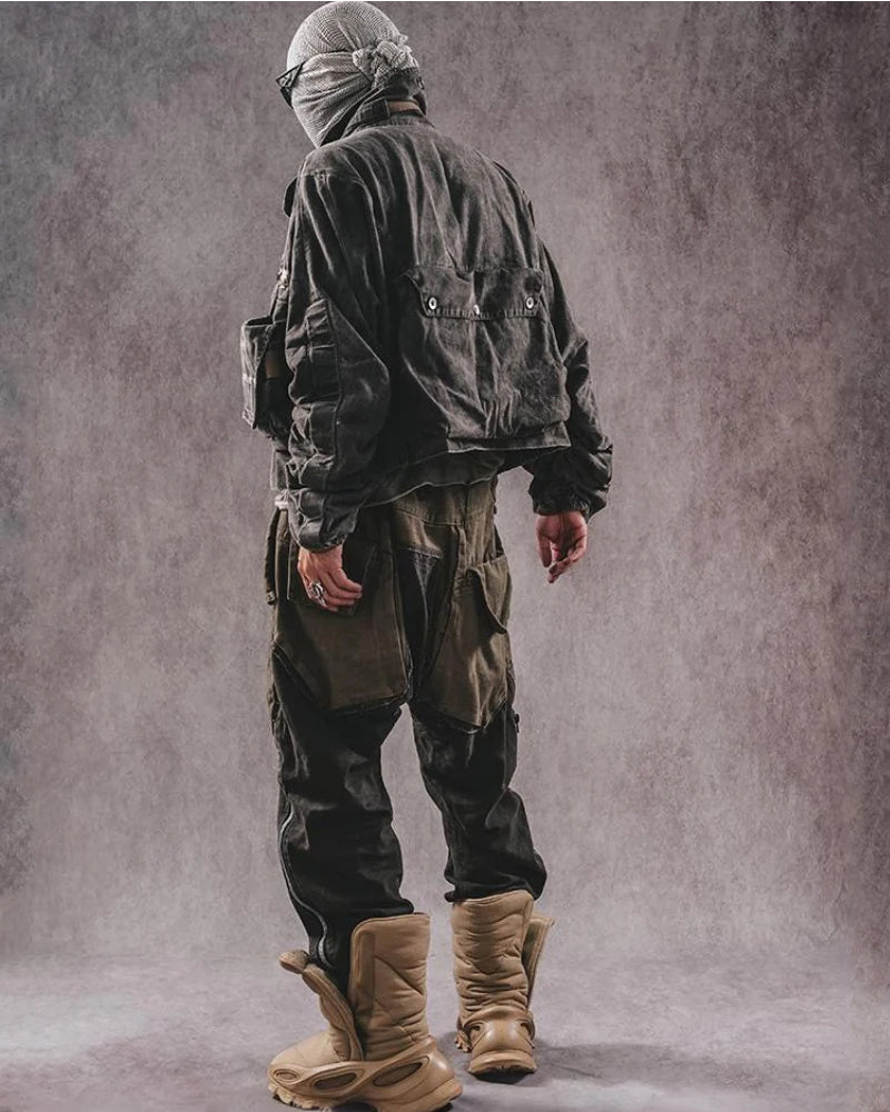 Wasteland Style Color-Blocked Drawstring Zipper Cargo Pants