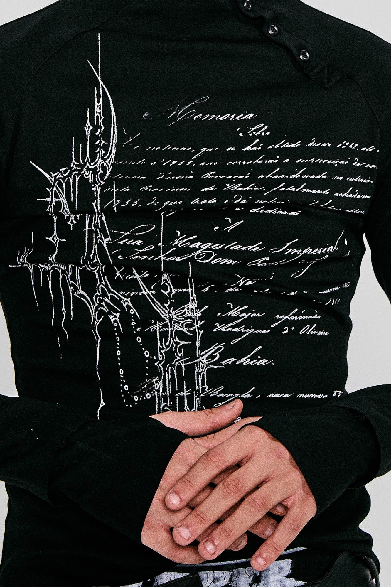 Gothic Script Graphic Asymmetrical Button Long-Sleeve Tee
