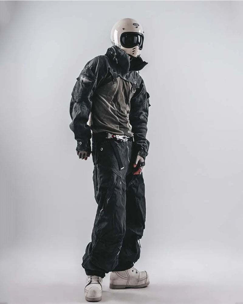 Post-Apocalyptic Hooded Mesh Color-Block Cape Jacket