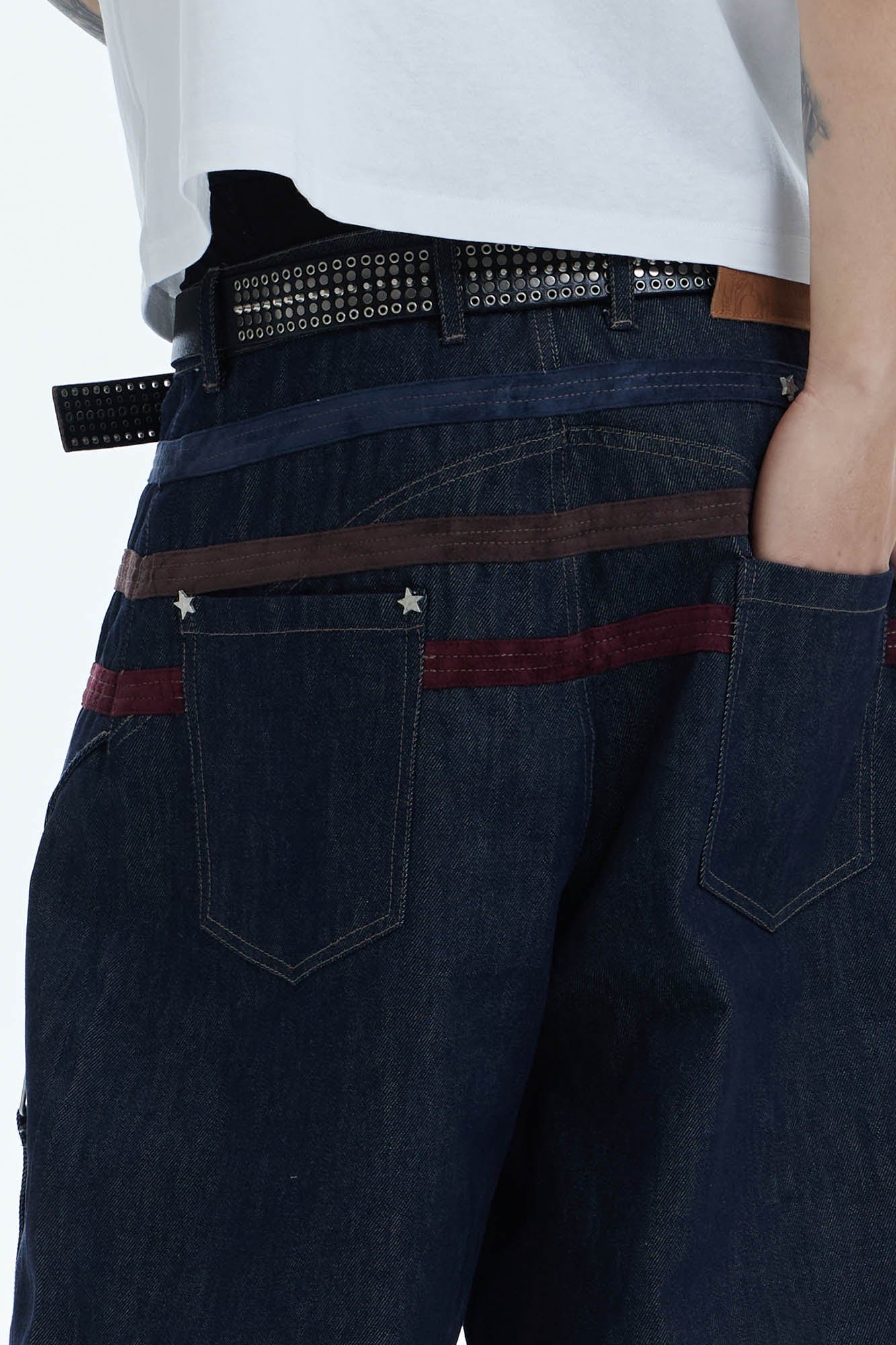 Star-Rivet Harness-Layered Denim Shorts
