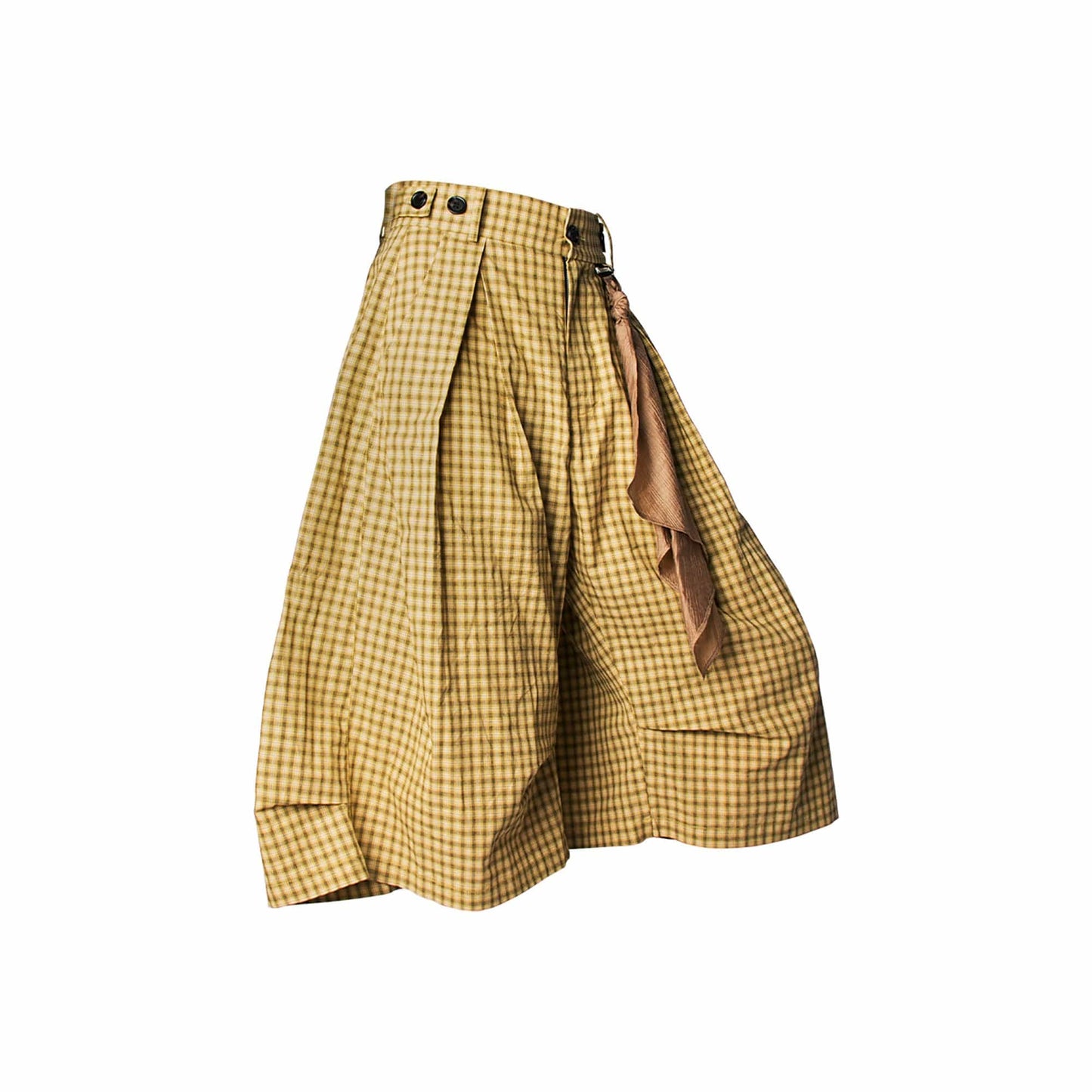 Detachable Scarf Grid Pleated Shorts