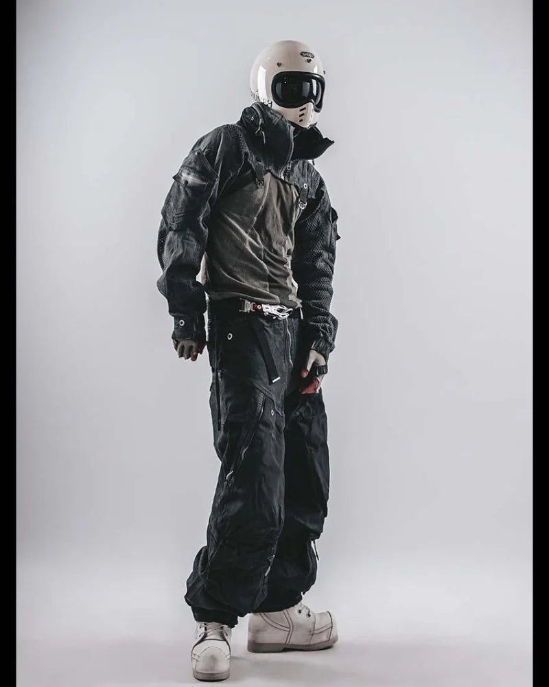 Post-Apocalyptic Hooded Mesh Color-Block Cape Jacket