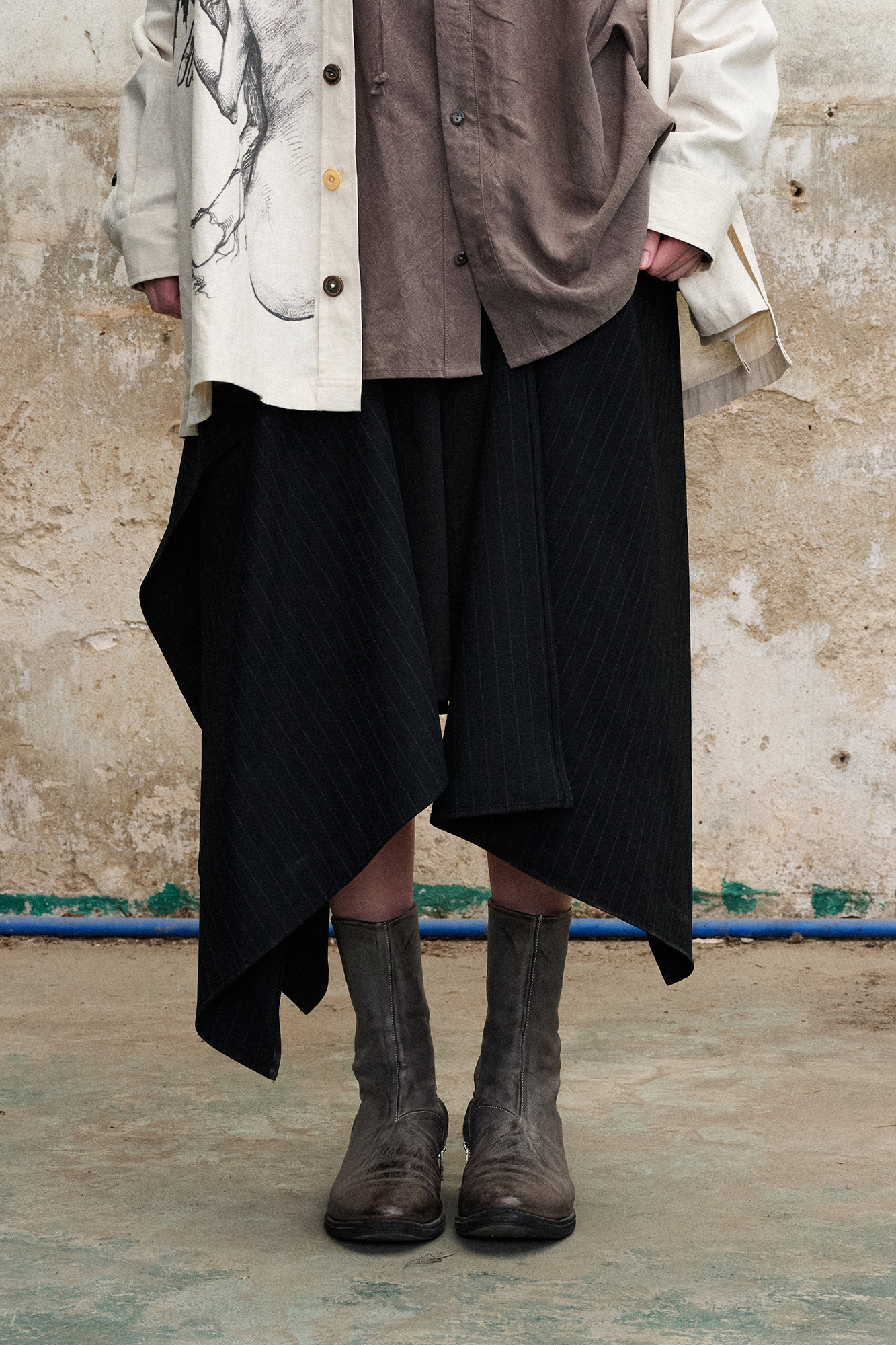 Asymmetric Draped Panel Pinstripe Skort Shorts