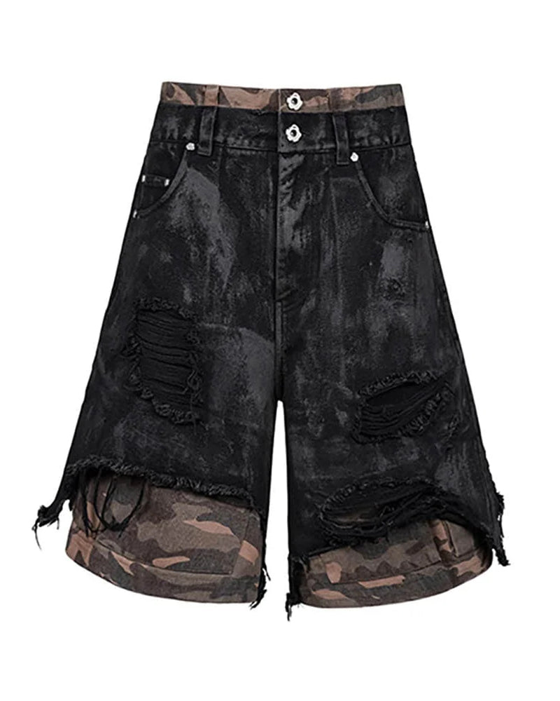 Double-Layered Ripped Camo Shorts Black