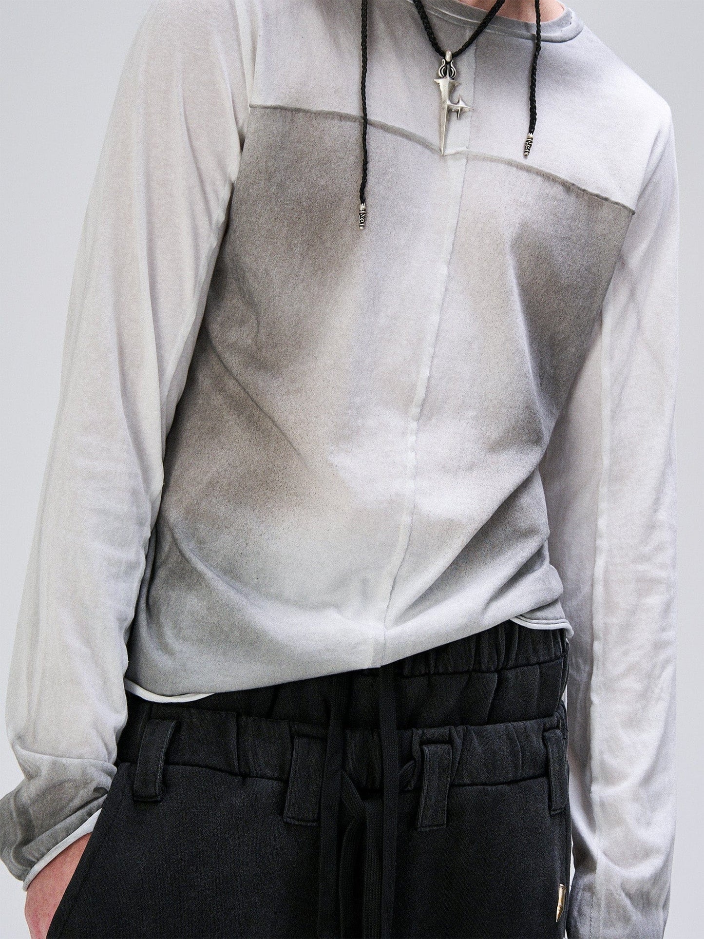 Washed Gradient Cross-Panel Raw-Edge Long-Sleeve Tee